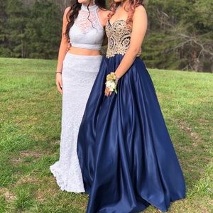 navy blue and gold prom dress